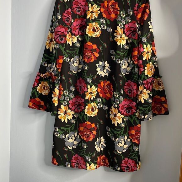 Fleur Bleue Black Floral Tent Dress with Ruffled Neck and Wide Sleeves Size 2 - Picture 2 of 7
